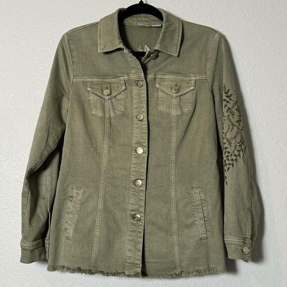 Chico's Embroidered Sage-Denim Jacket Women's Size 0 US 4/6 Extra Small - Picture 1 of 13